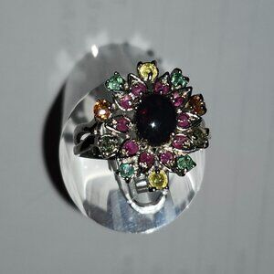 .925 Sterling Silver S/S Black Opal/Emerald/Ruby/Sapphire Ring Sz 8.5 $605
